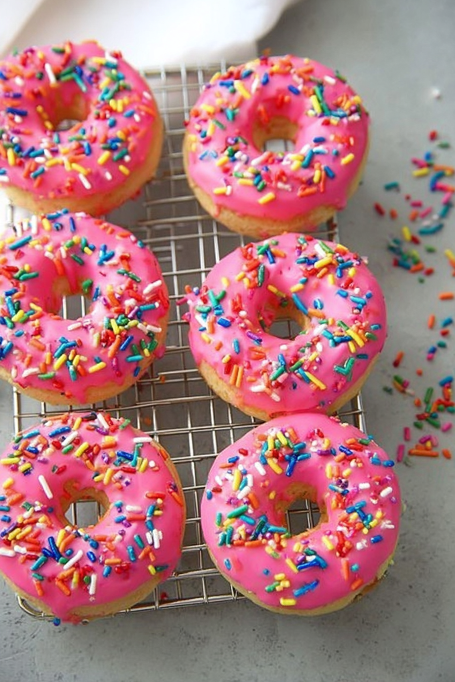 Close-up of baked birthday cake doughnuts with colorful icing and rainbow sprinkles on a plate.