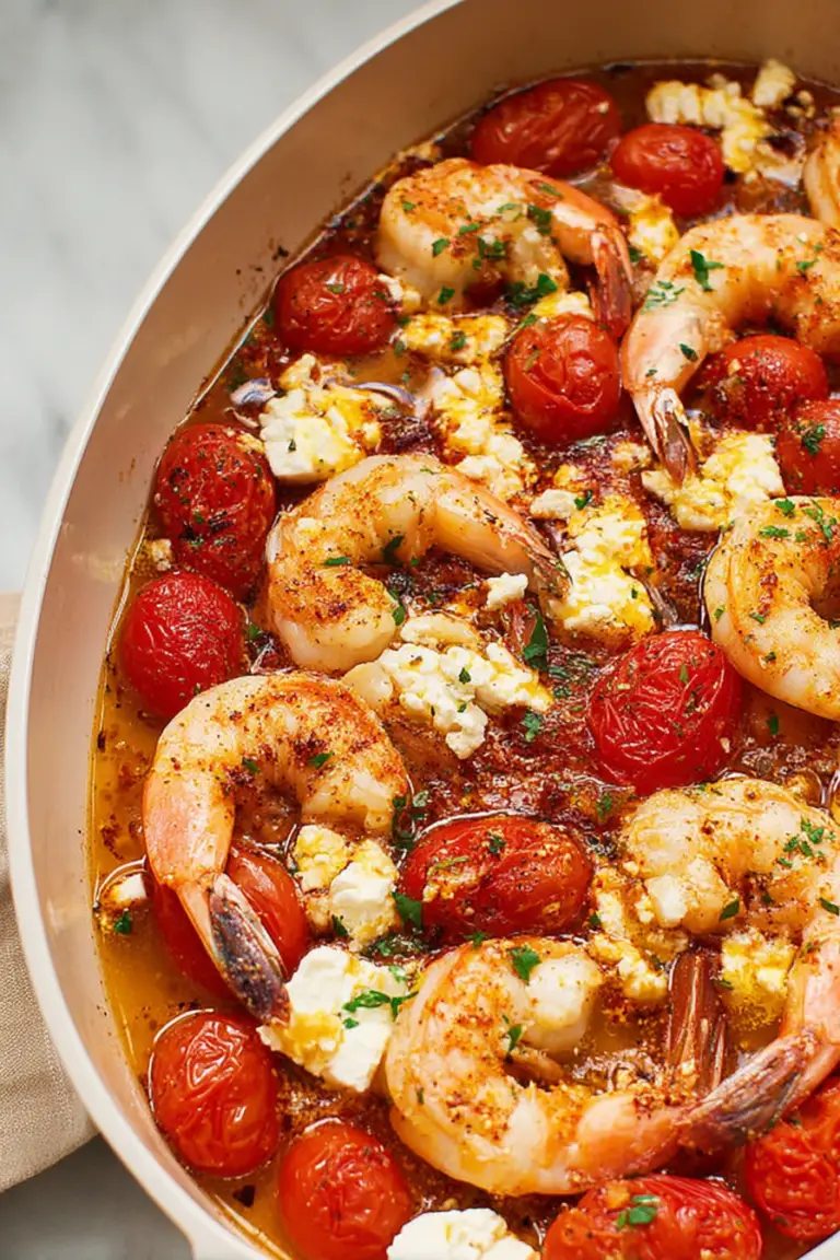 Plated baked feta shrimp and tomatoes with vibrant shrimp, cherry tomatoes, and feta cheese.