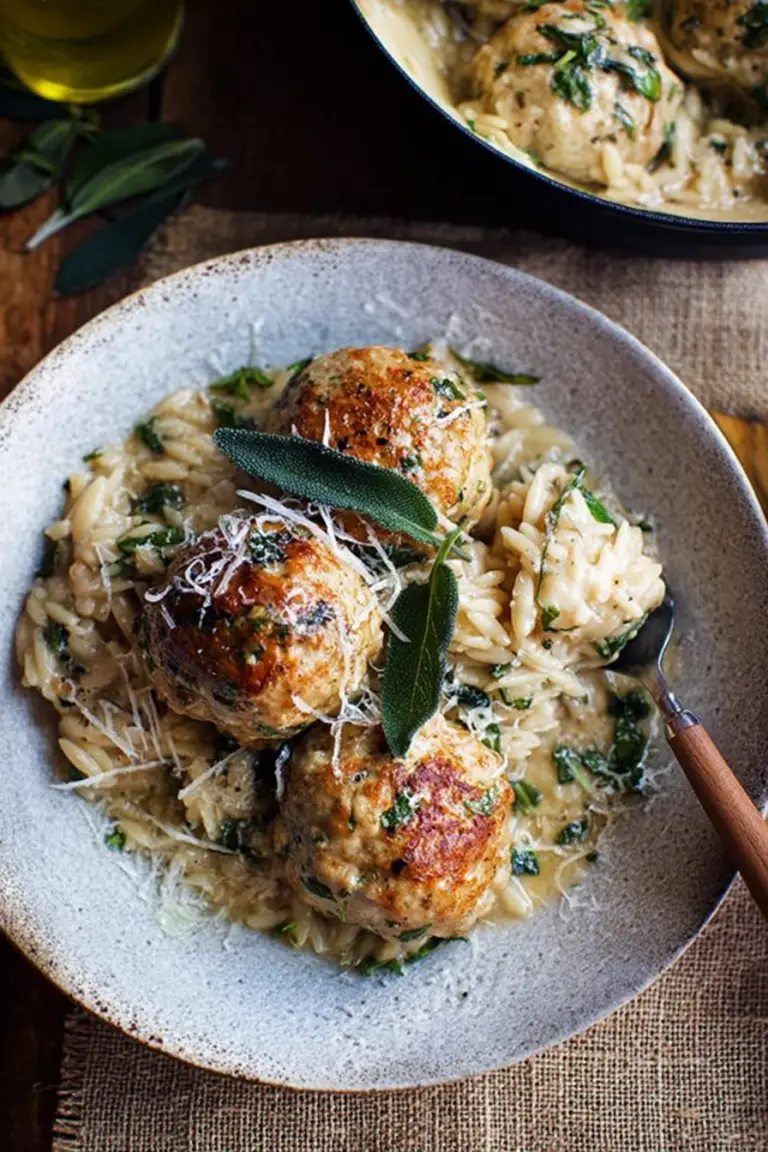 Baked sage chicken meatballs with parmesan orzo on a plate, garnished with crispy sage leaves and fresh spinach.
