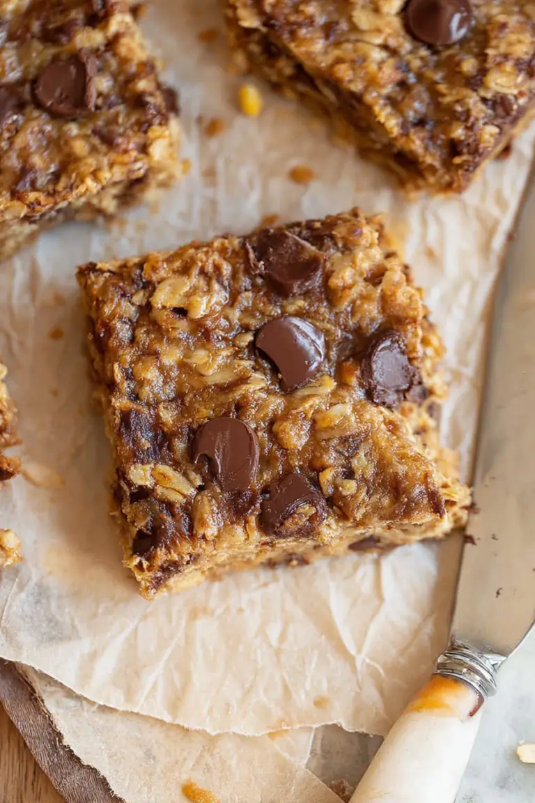 Close-up of delicious banana oatmeal bars with banana slices and chocolate chips on a white plate
