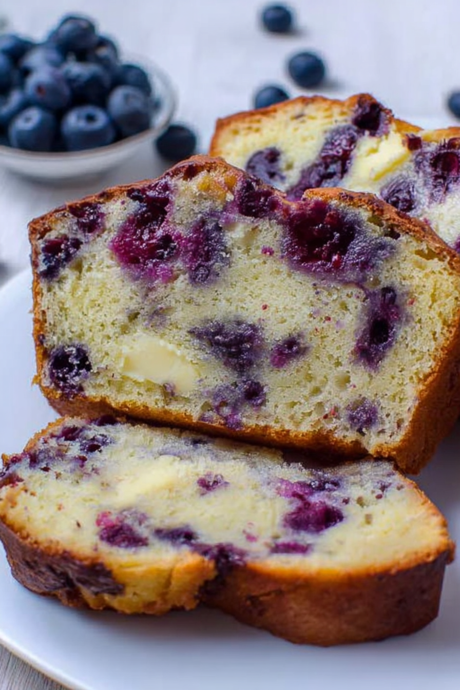 Sliced blueberry cream cheese loaf showcasing moist texture with fresh blueberries on top.