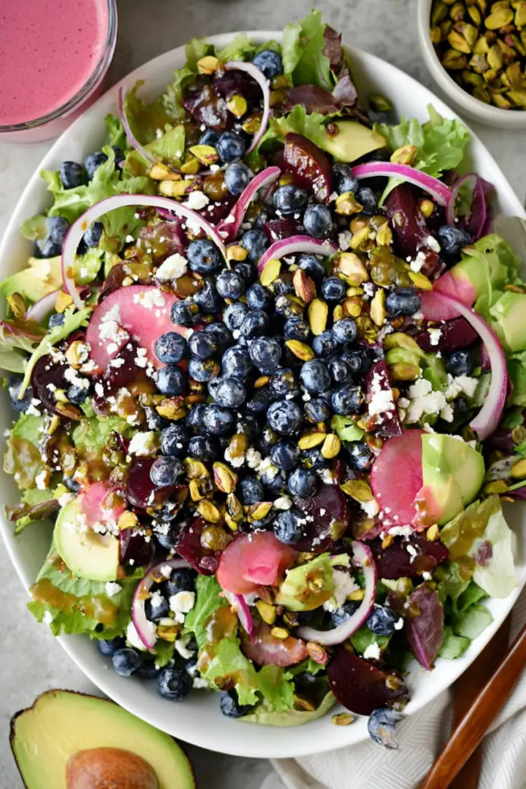 Blueberry pistachio spring salad with fresh greens, blueberries, crumbled feta cheese, and candied pistachios in a rustic bowl on a wooden table.