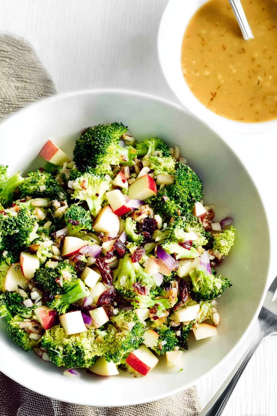 Close-up of broccoli apple salad with almonds and blue cheese in a wooden bowl