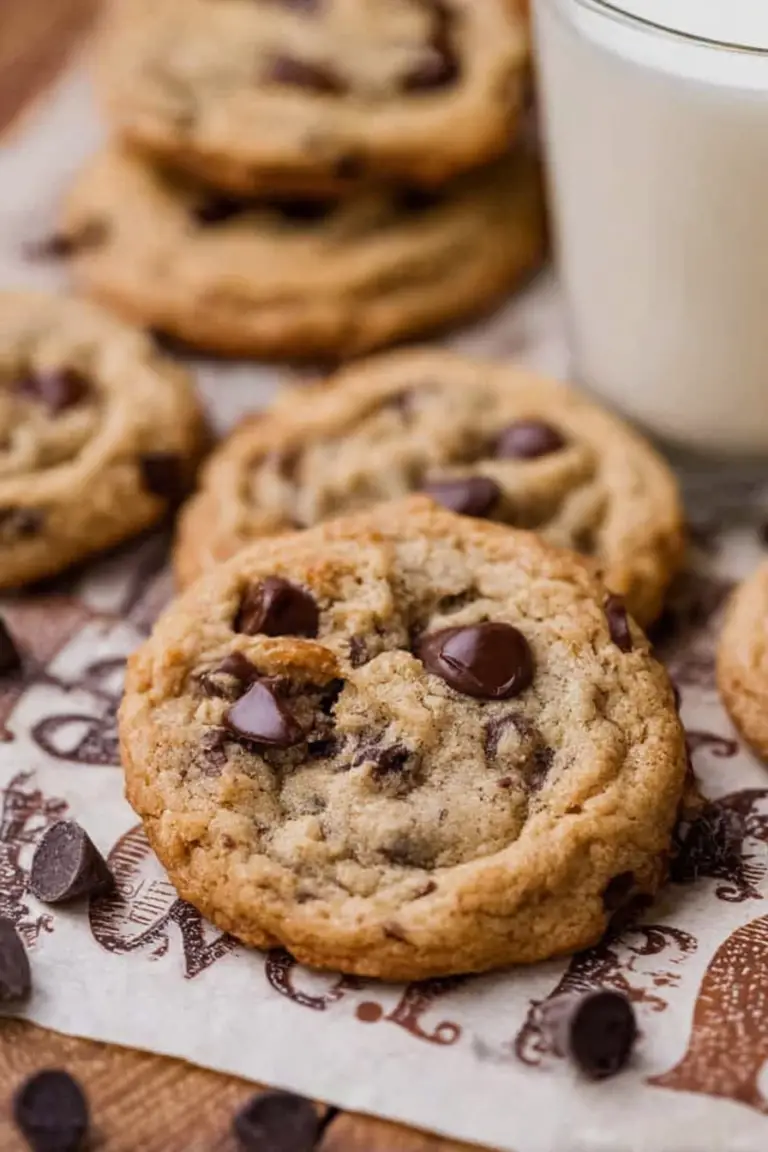 Close-up of a brown butter sourdough discard chocolate chip cookie with melting chocolate on a wooden surface.