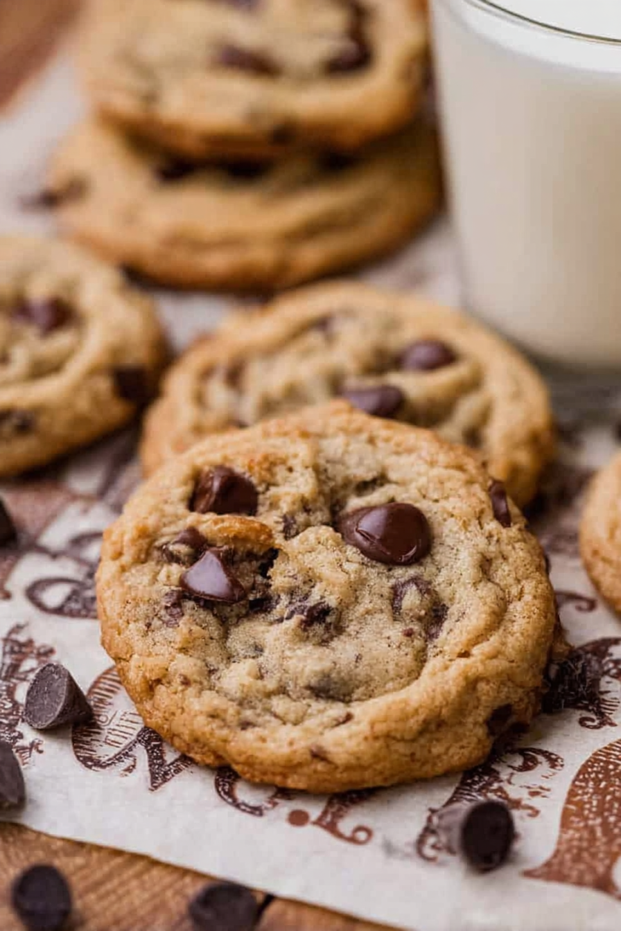 Close-up of a brown butter sourdough discard chocolate chip cookie with melting chocolate on a wooden surface.