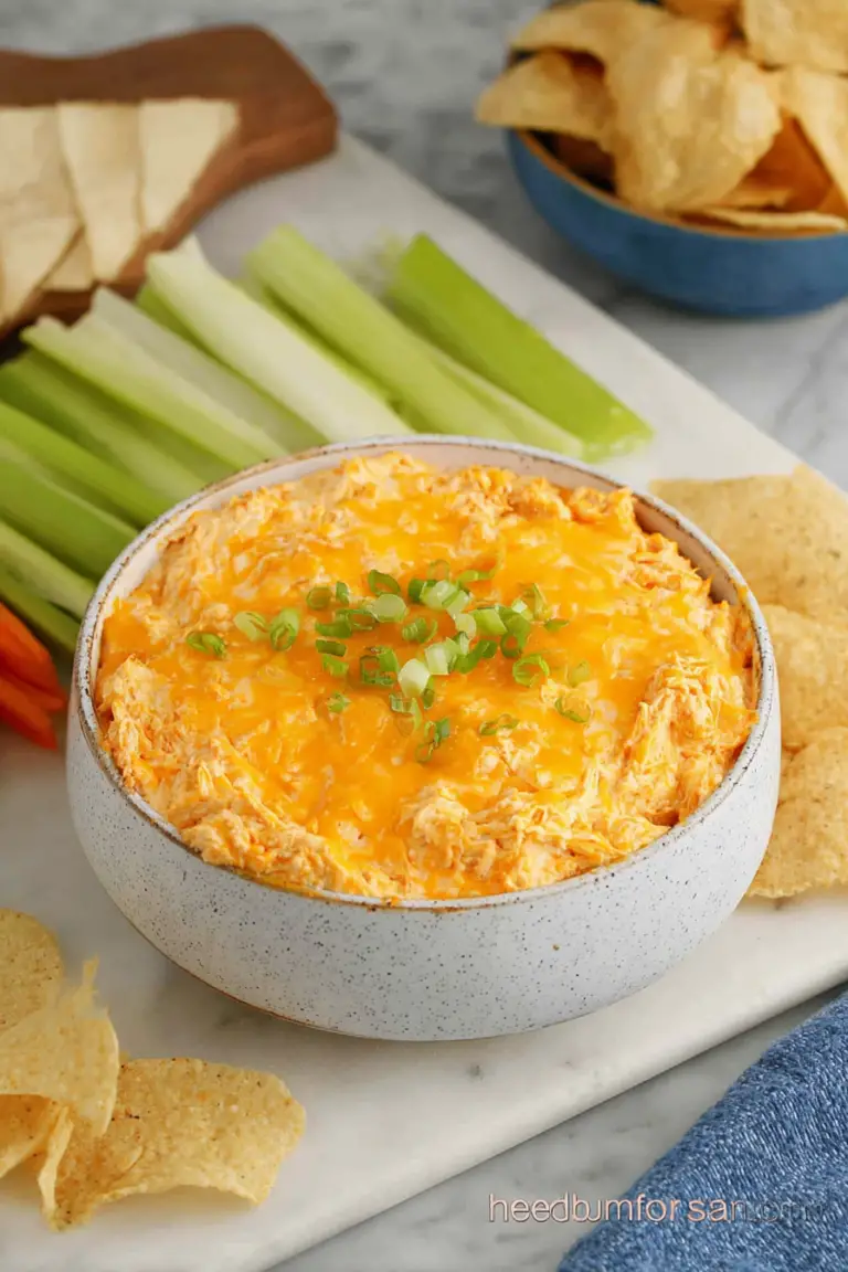 Creamy buffalo chicken dip in a crock pot garnished with green onions, served with tortilla chips and carrot sticks.