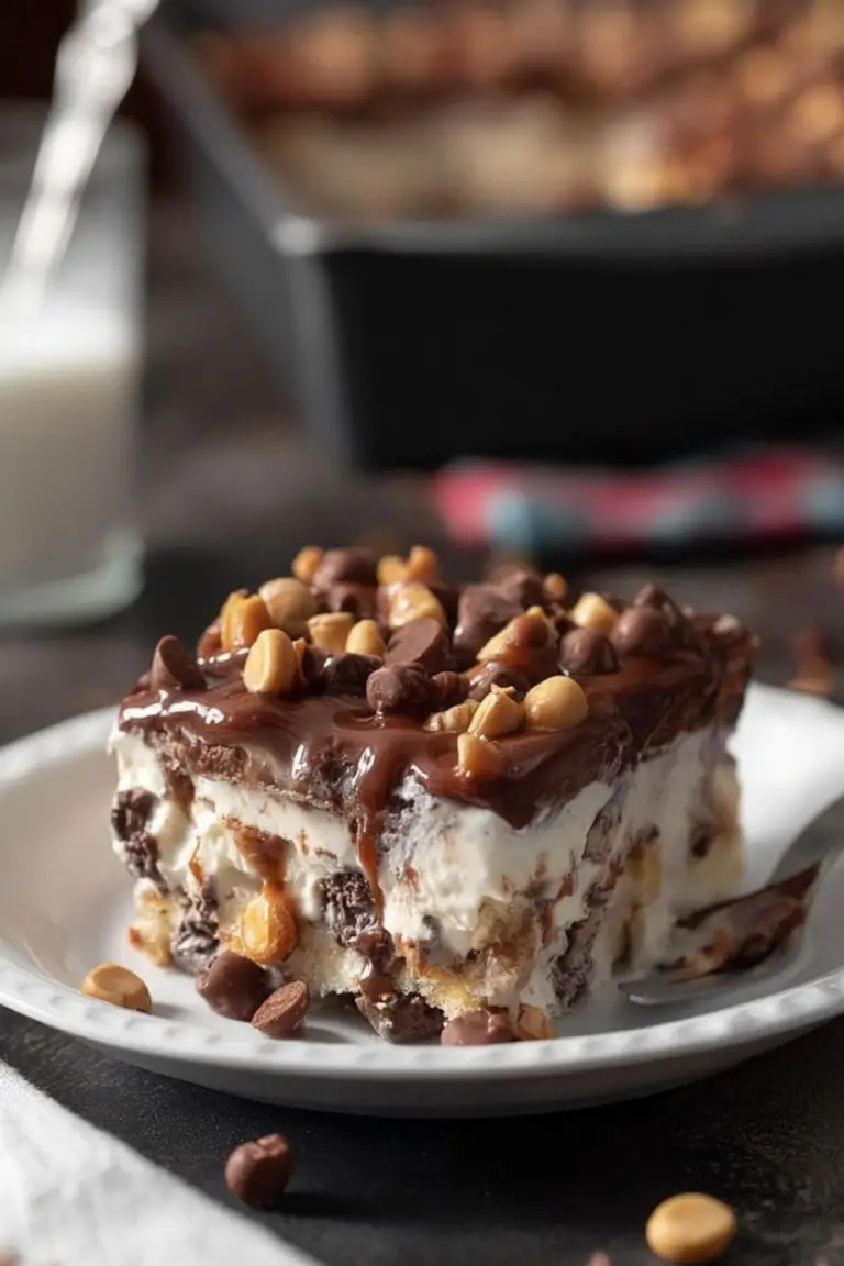 Slice of Buster Bar Ice Cream Cake with chocolate drizzle and peanuts on a plate