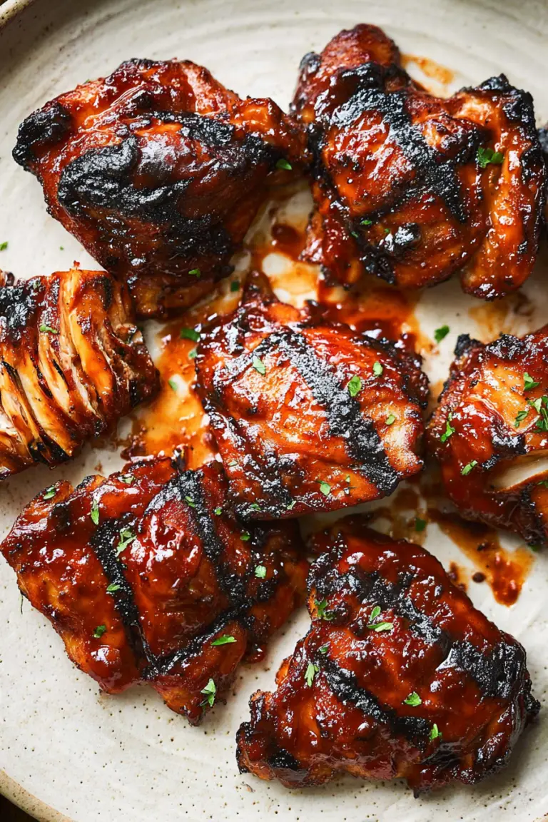 Caramelized BBQ chicken thighs with a sticky glaze and herbs on a rustic table.
