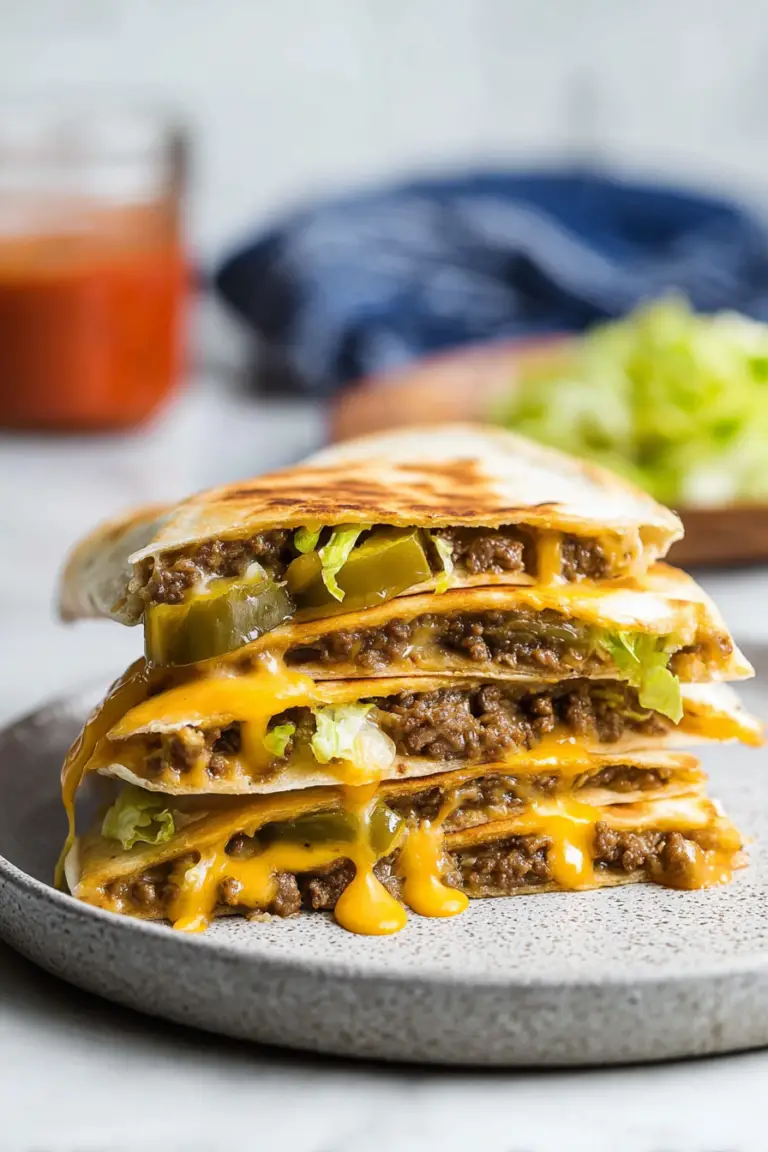 Close-up of a cheeseburger quesadilla cut in half, displaying melted cheese and ground beef, accompanied by dipping sauce.