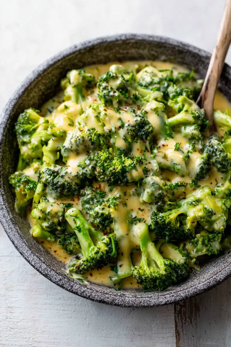 A bowl of cheesy broccoli with melted cheese on top, served with a salad on a wooden table.