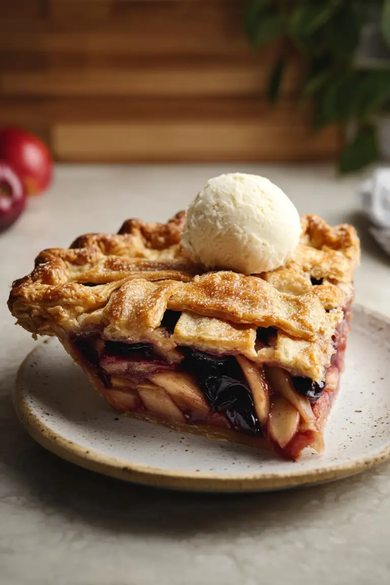 Delicious cherry apple pie with a slice removed, showcasing the juicy fruit filling and flaky crust