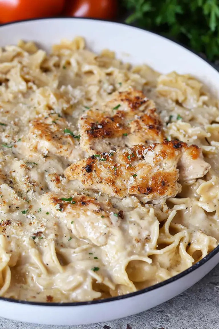 A delicious bowl of Chicken Garlic Parmesan Pasta topped with parsley, showcasing its creamy sauce and pasta shape.