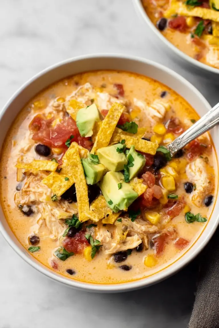 Delicious chicken taco soup topped with avocado, cilantro, and tortilla strips served in a bowl