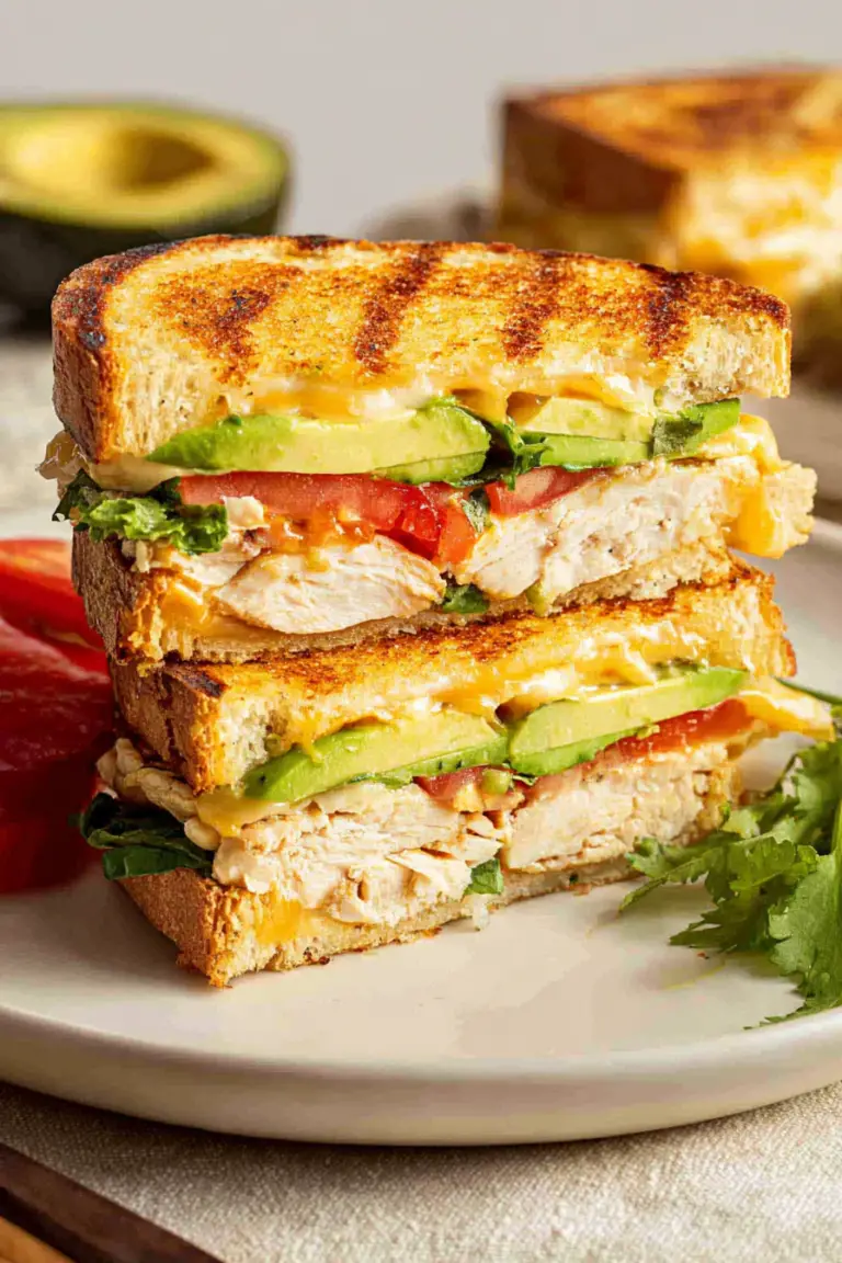 Close-up of a chipotle chicken avocado melt sandwich with melted cheese and fresh ingredients
