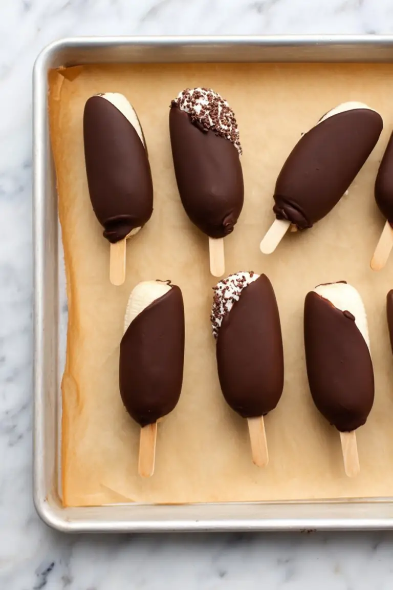 Delicious chocolate covered banana pops with toppings on a wooden table.