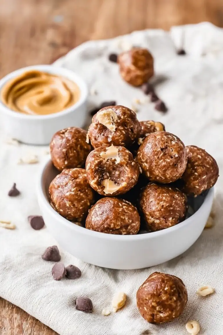 Delicious chocolate peanut butter protein balls on a white plate with chocolate chips and milk, perfect for a healthy snack.