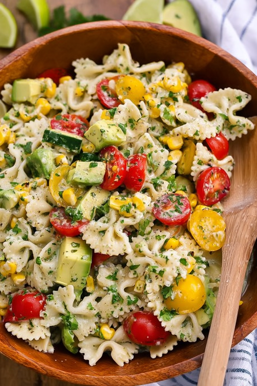 Vibrant cilantro lime pasta salad with cherry tomatoes, corn, and avocado in a bowl, garnished with fresh cilantro.