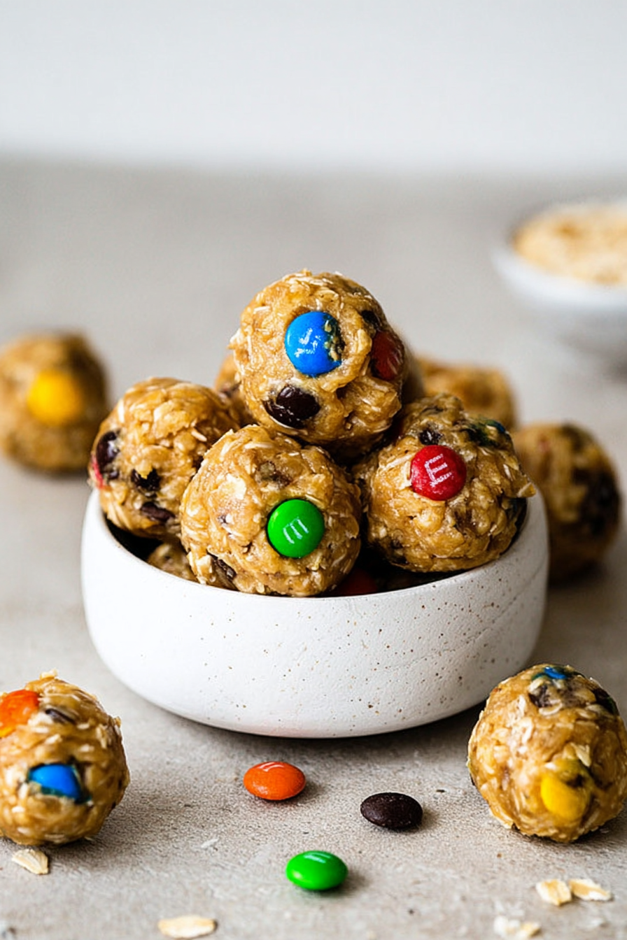 Close-up of colorful monster cookie energy balls with chocolate chips and M&M's, perfect for a healthy snack.