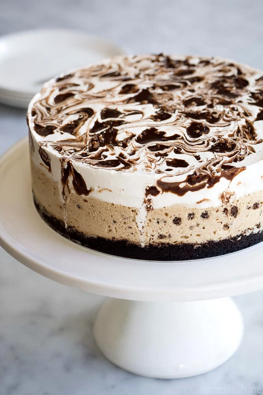 Slice of coffee ice cream cake with brownie bottom and vanilla fudge swirl, served on a plate