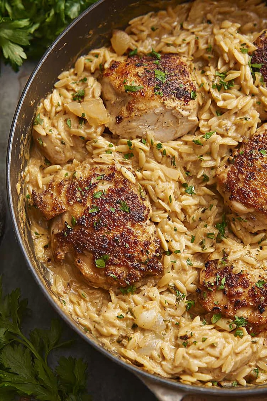 Close-up of creamy chicken and orzo skillet with parsley garnish.
