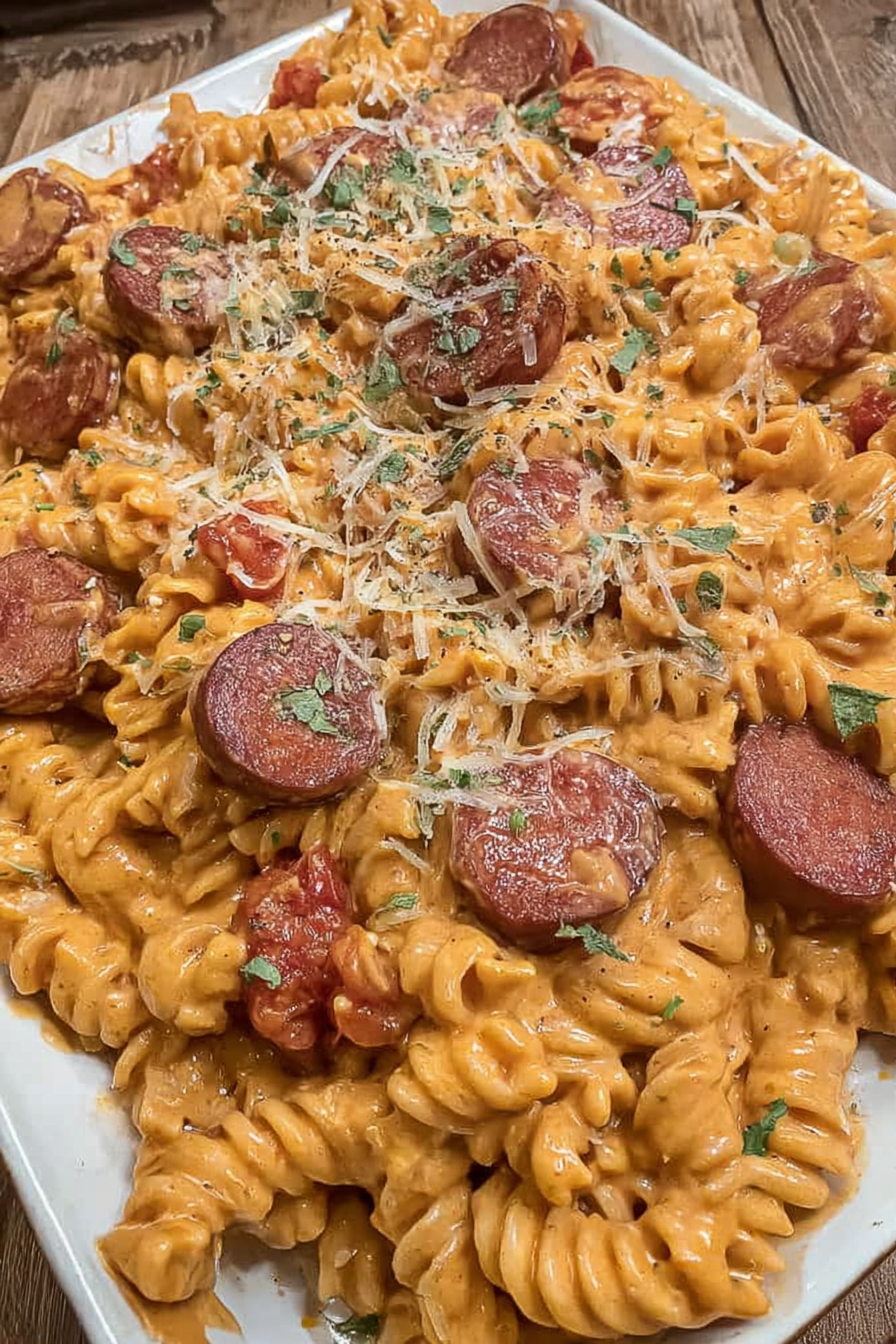 Creamy smoked sausage pasta garnished with parsley and Parmesan cheese.