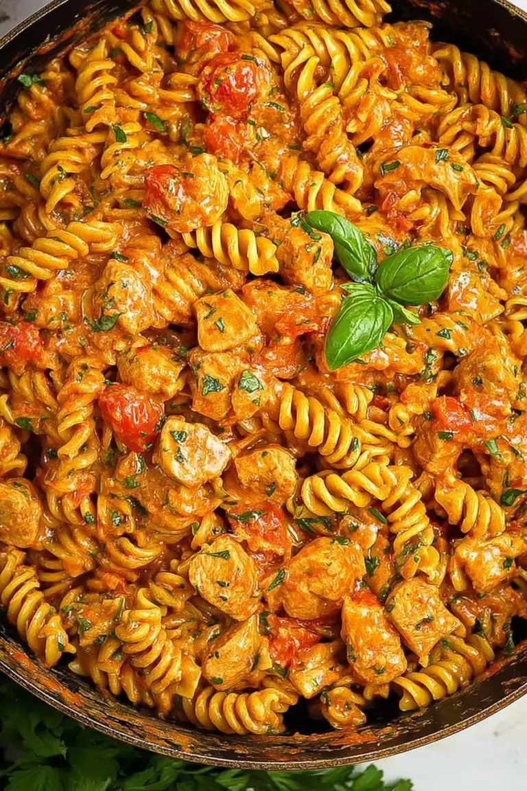 Creamy tomato chicken pasta in a rustic bowl with parsley and mozzarella garnish.