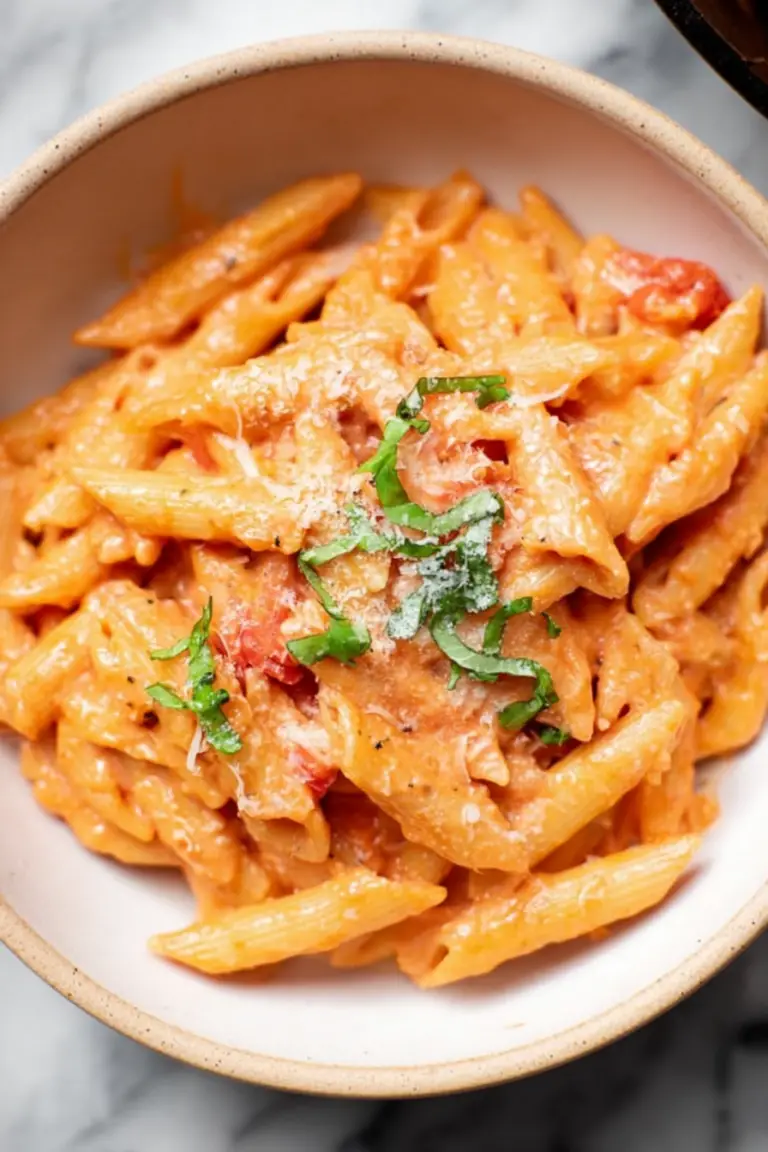 Creamy tomato pasta topped with parmesan cheese and basil on a rustic table.