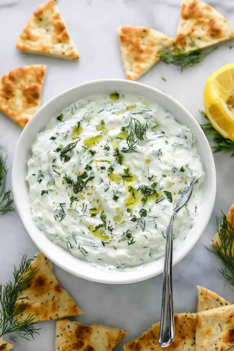 Creamy tzatziki sauce in a bowl with fresh dill and served with pita chips and cucumbers.