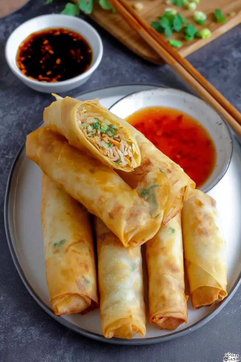 Crispy Chinese spring rolls served with dipping sauce on a wooden platter
