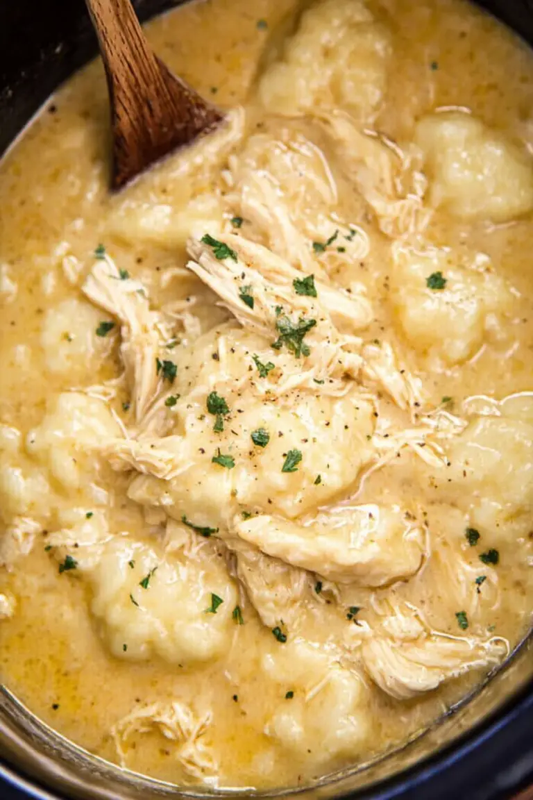 Bowl of Crock Pot Chicken and Dumplings with shredded chicken and dumplings in creamy broth.