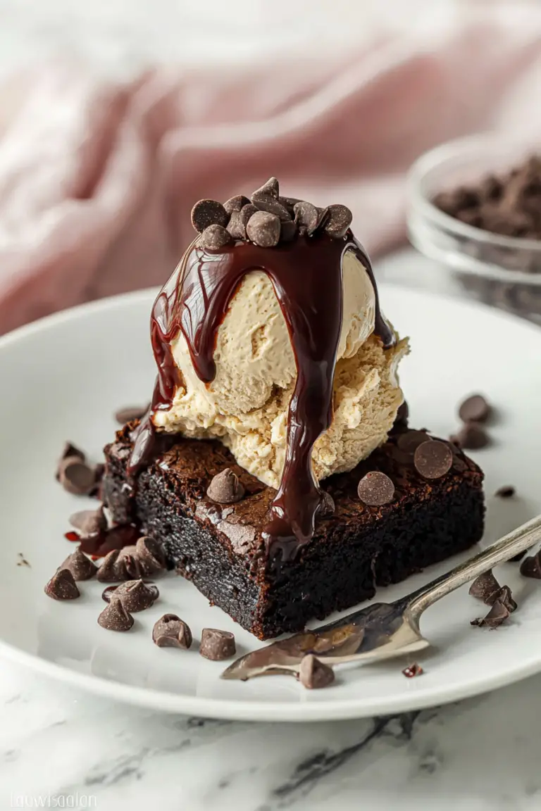 Decadent brownie sundae with coffee chip ice cream, chocolate sauce, and colorful toppings