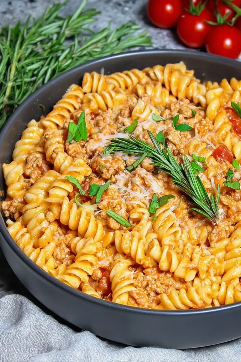 Close-up of easy ground turkey pasta served on a plate, garnished with parsley and cheese, highlighting its creamy texture.
