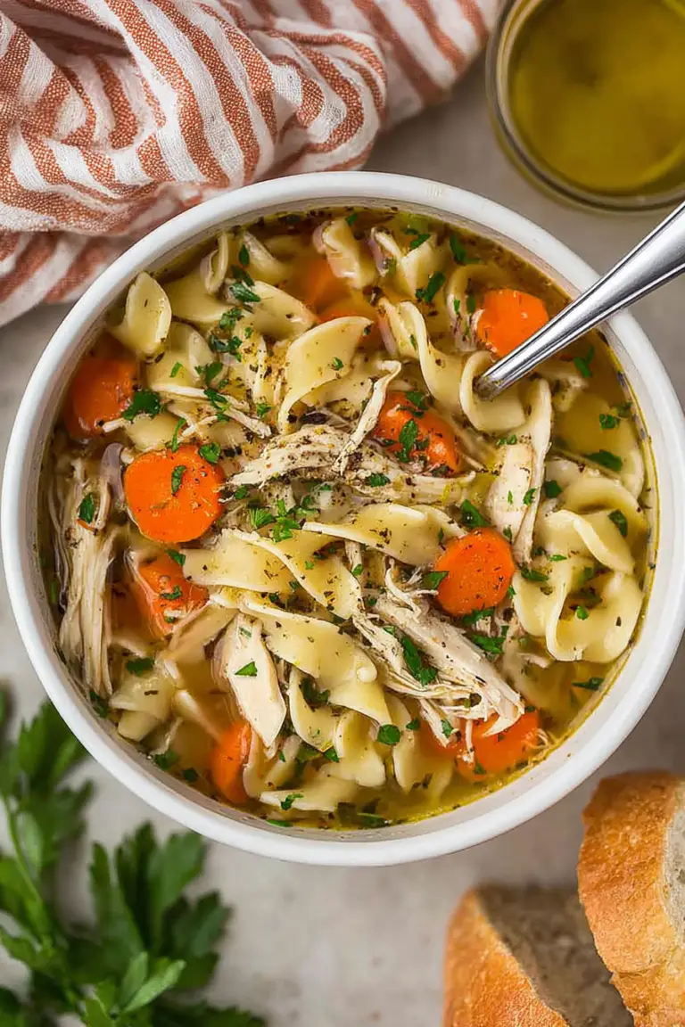 Bowl of easy rotisserie chicken noodle soup with parsley garnish on a wooden table.