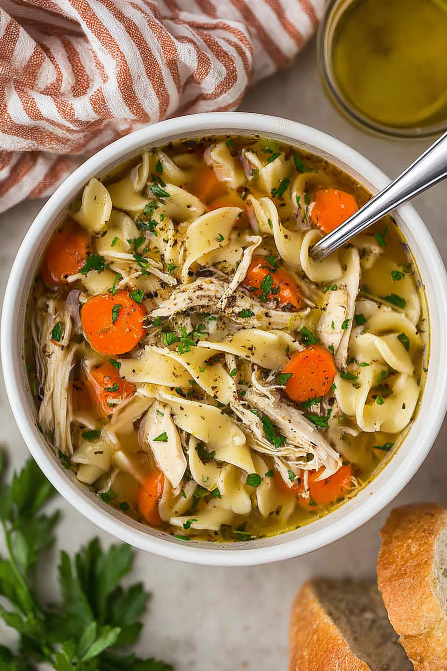 Bowl of easy rotisserie chicken noodle soup with parsley garnish on a wooden table.