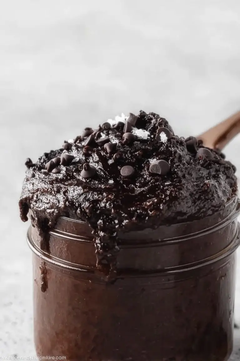 Close-up of edible brownie batter in a bowl with chocolate chips on a wooden table.