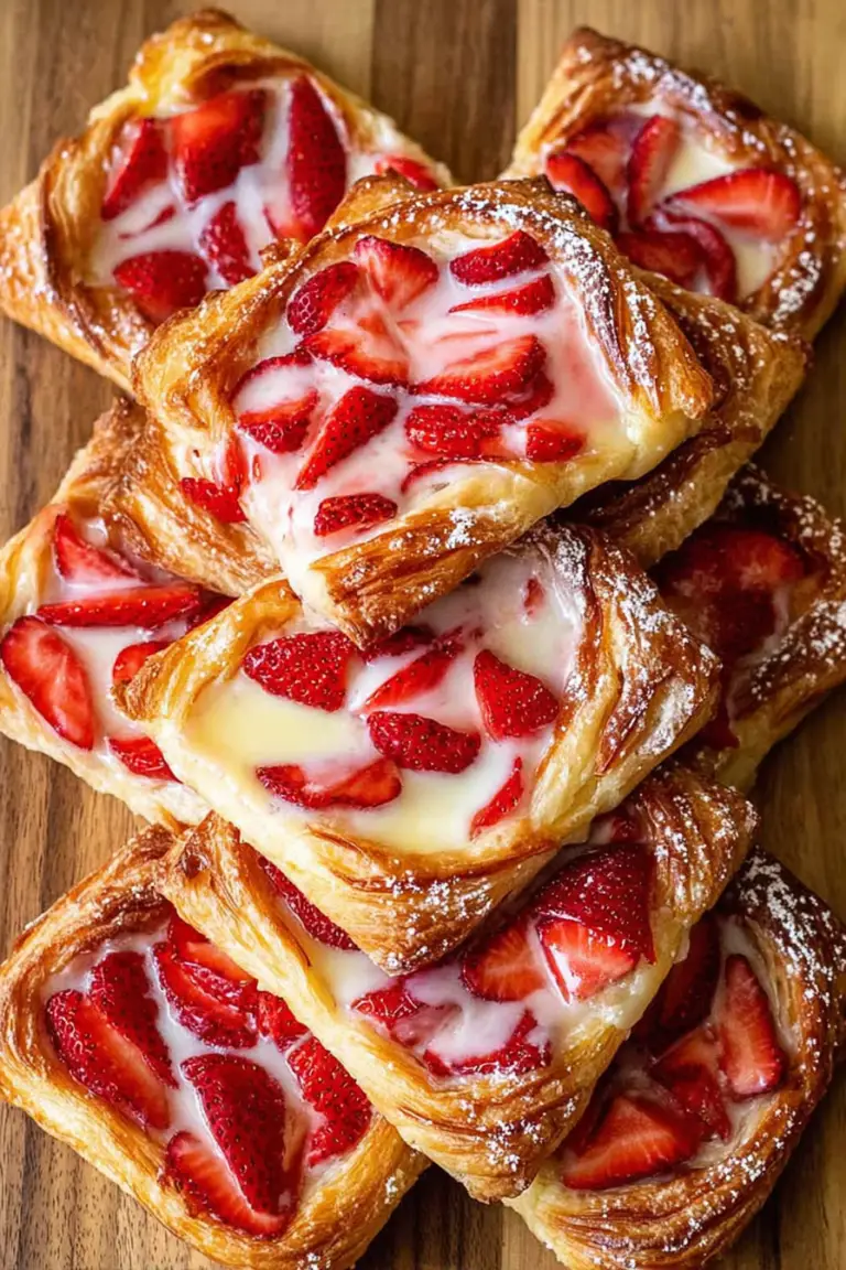 Delicious strawberry danishes with cream cheese filling and fresh strawberries on a rustic plate.