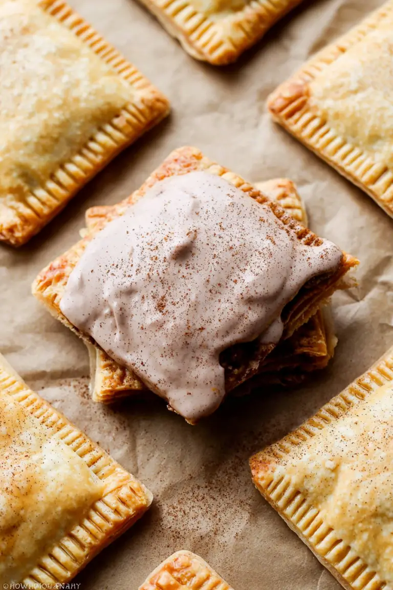 Close-up of a frosted homemade brown sugar cinnamon pop tart on a wooden table, garnished with cinnamon and brown sugar.