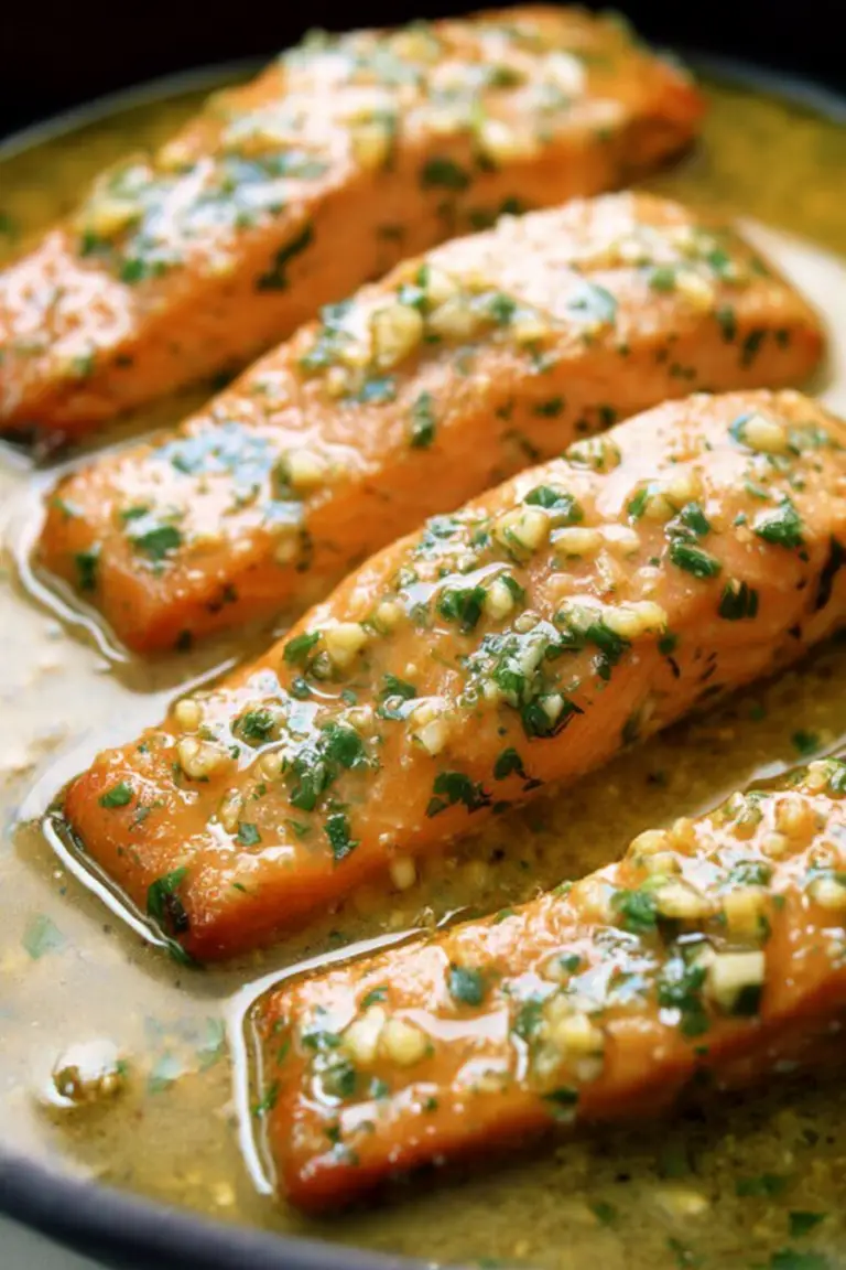 Close-up of garlic butter salmon fillets garnished with parsley and lemon wedges on a white plate.