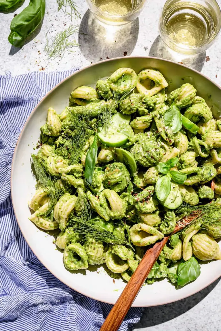 Colorful green goddess pasta salad with asparagus and peas in a rustic bowl, topped with fresh herbs.