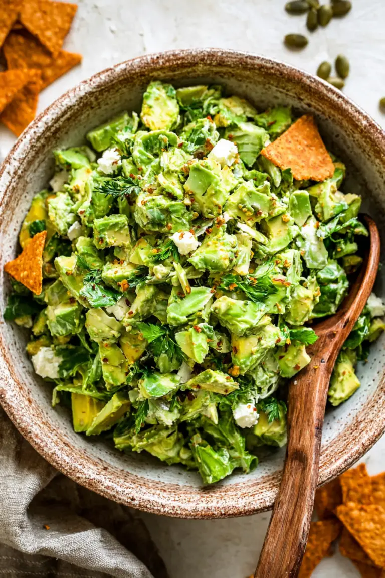 A colorful Green Goddess Salad with fresh vegetables and toppings in a wooden bowl.