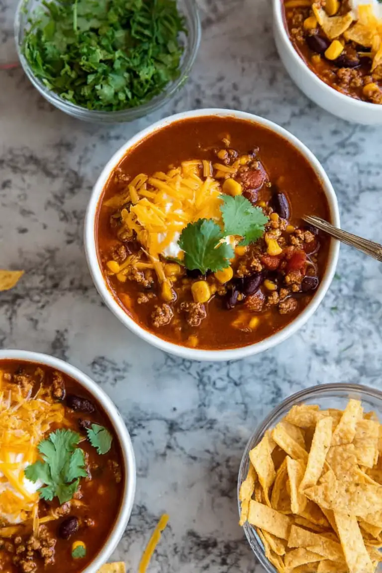 A bowl of hearty ground turkey taco soup with toppings of cheese and cilantro, alongside crispy tortilla chips.