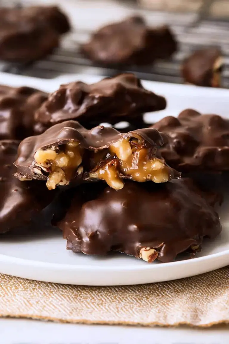 Delicious homemade chocolate turtles with pecan halves on a white plate.