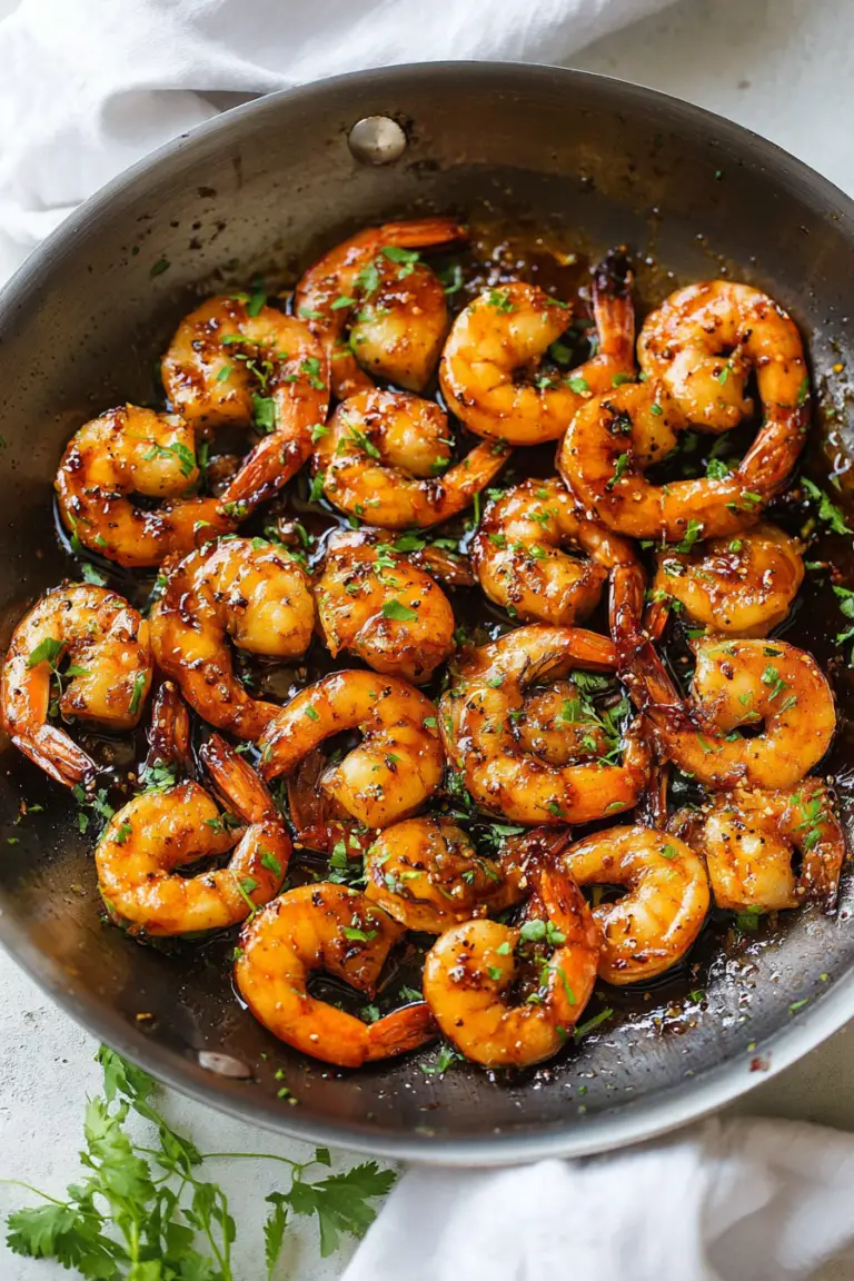 Delicious honey garlic shrimp dish garnished with green onions and cilantro on a wooden table.