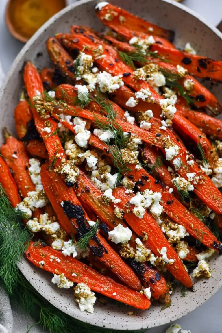 Honey roasted carrots with feta cheese and fresh dill on a plate, garnished with honey.