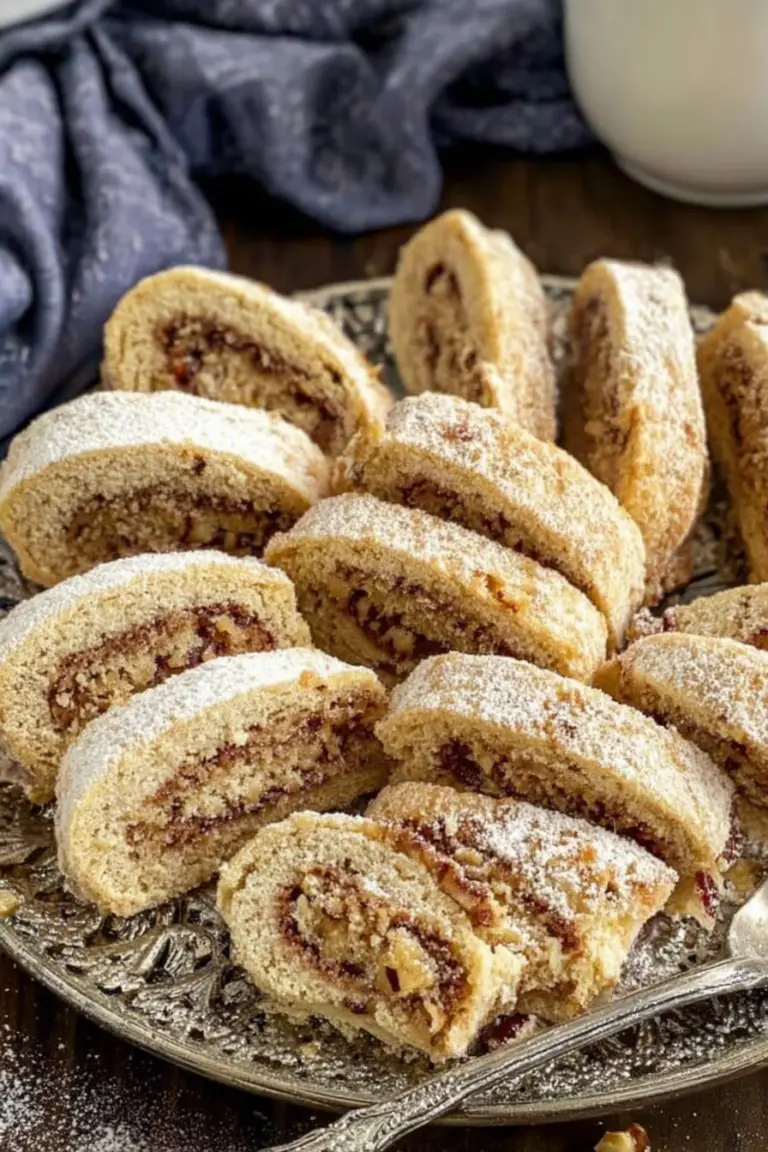 Plate of Italian nut roll cookies dusted with powdered sugar, with coffee and festive decorations.