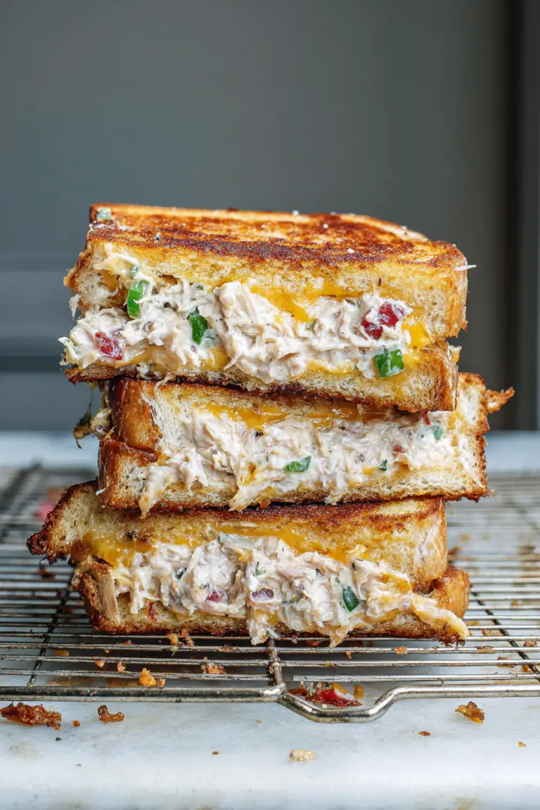 Close-up of a jalapeño tuna melt with cheddar cheese melting, garnished with fresh jalapeños and ingredients.