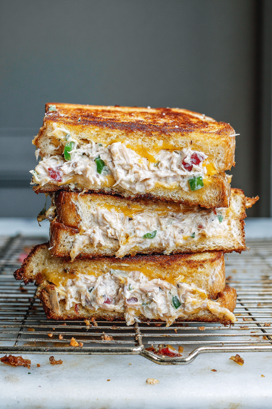 Close-up of a jalapeño tuna melt with cheddar cheese melting, garnished with fresh jalapeños and ingredients.