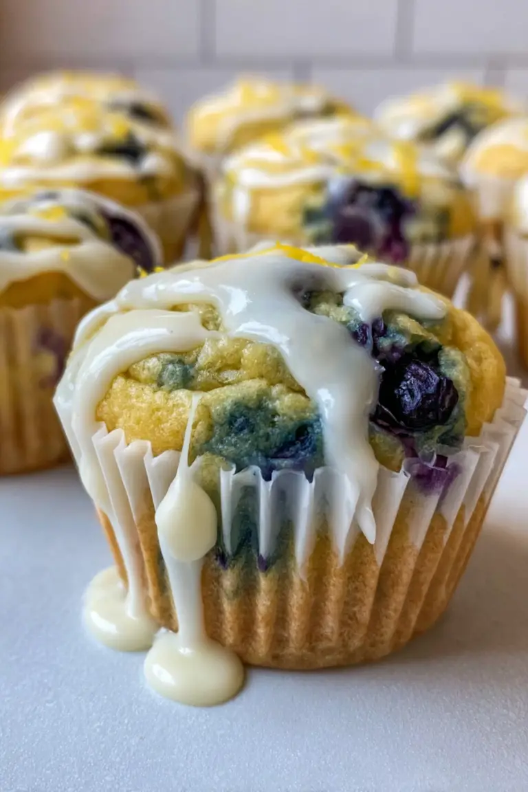 Close-up of a frosted lemon blueberry cupcake with fresh blueberries and lemon slices.