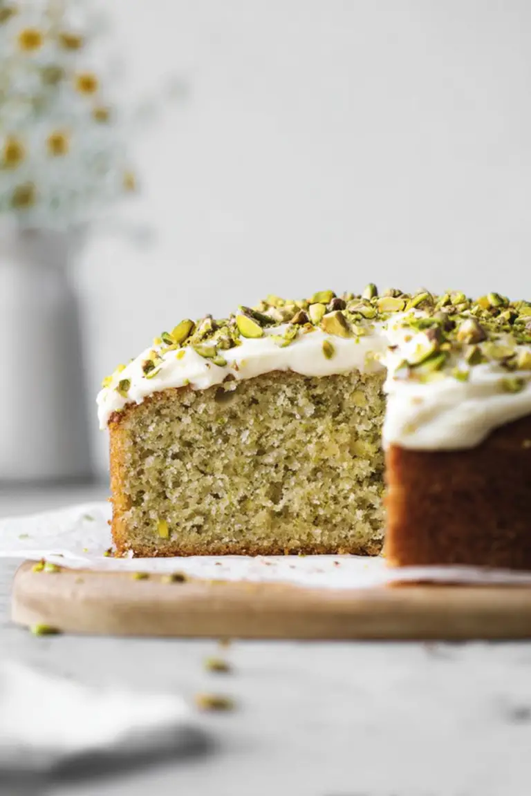 Slice of lemon pistachio cake with mascarpone frosting and crushed pistachios on a wooden table, fresh lemons in background.