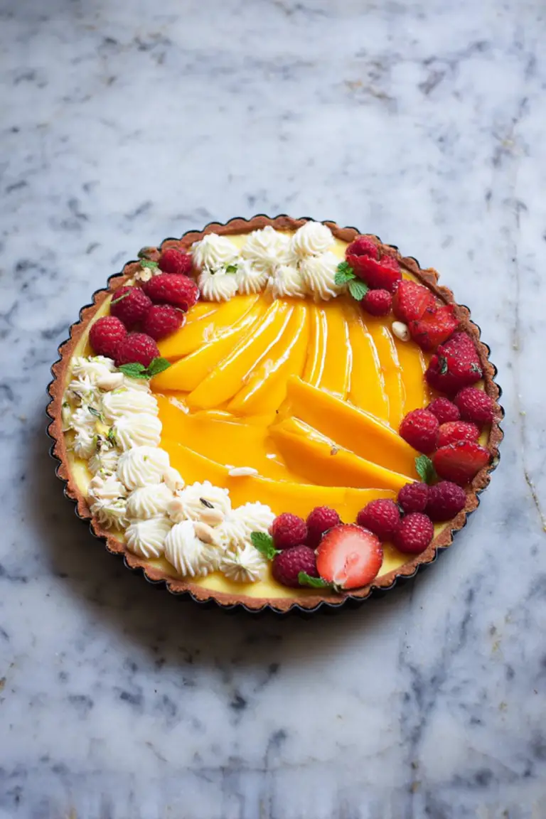 Delicious mango curd tart topped with fresh fruits, served in a sunny kitchen.